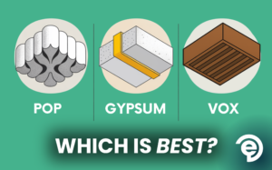 Realistic image of modern false ceilings in India comparing POP ceiling design, gypsum board ceiling, and soffit ceiling with wood finish (VOX panels)